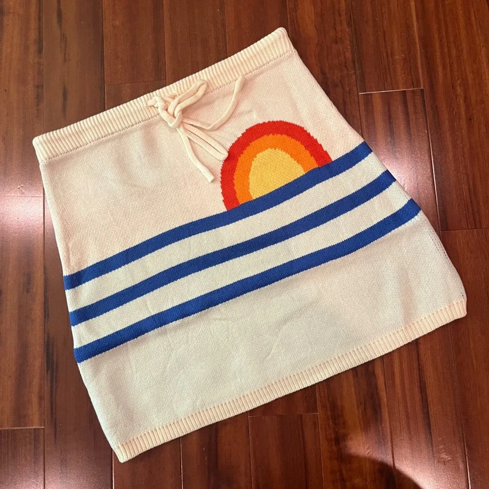 Retro Sun Graphic Knit Mini Skirt Cream Blue Striped Drawstring‎ Waist XL